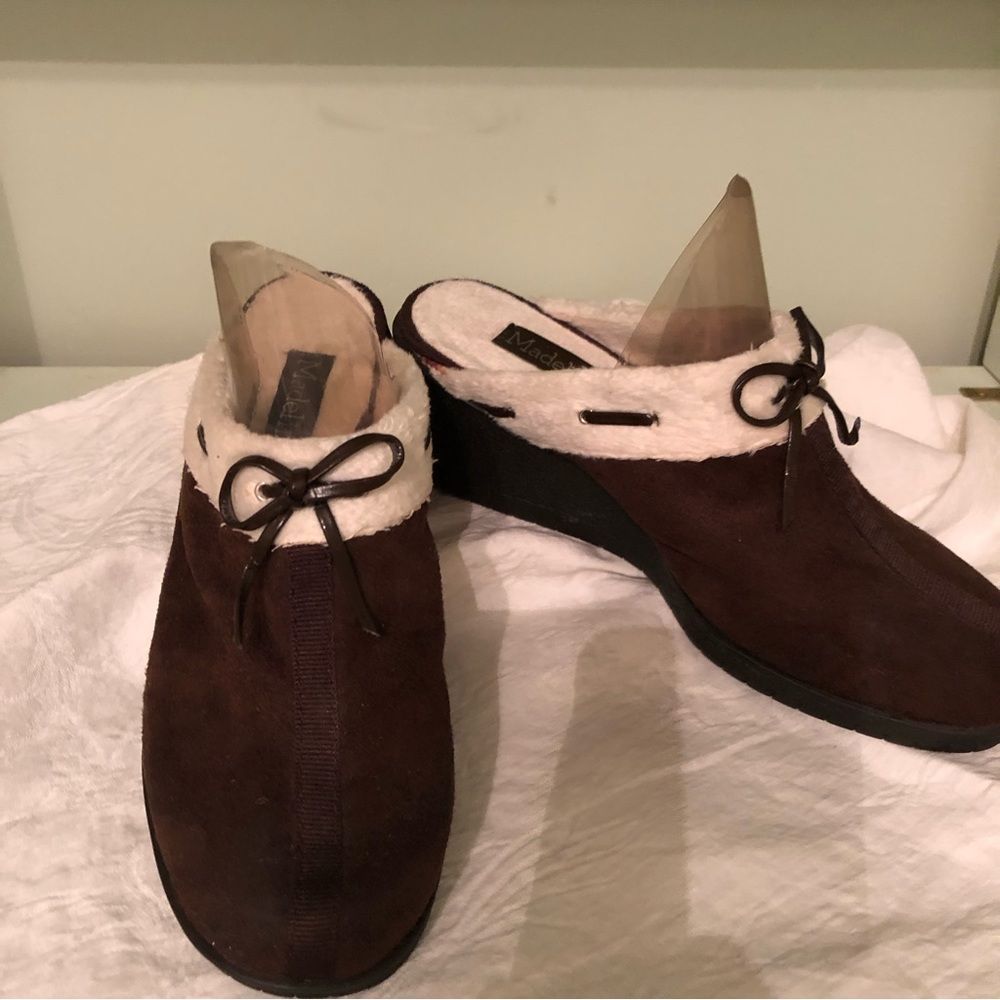 Brown Clogs Wedges Mules Sz 7.5 Suede and Faux Fur Trim